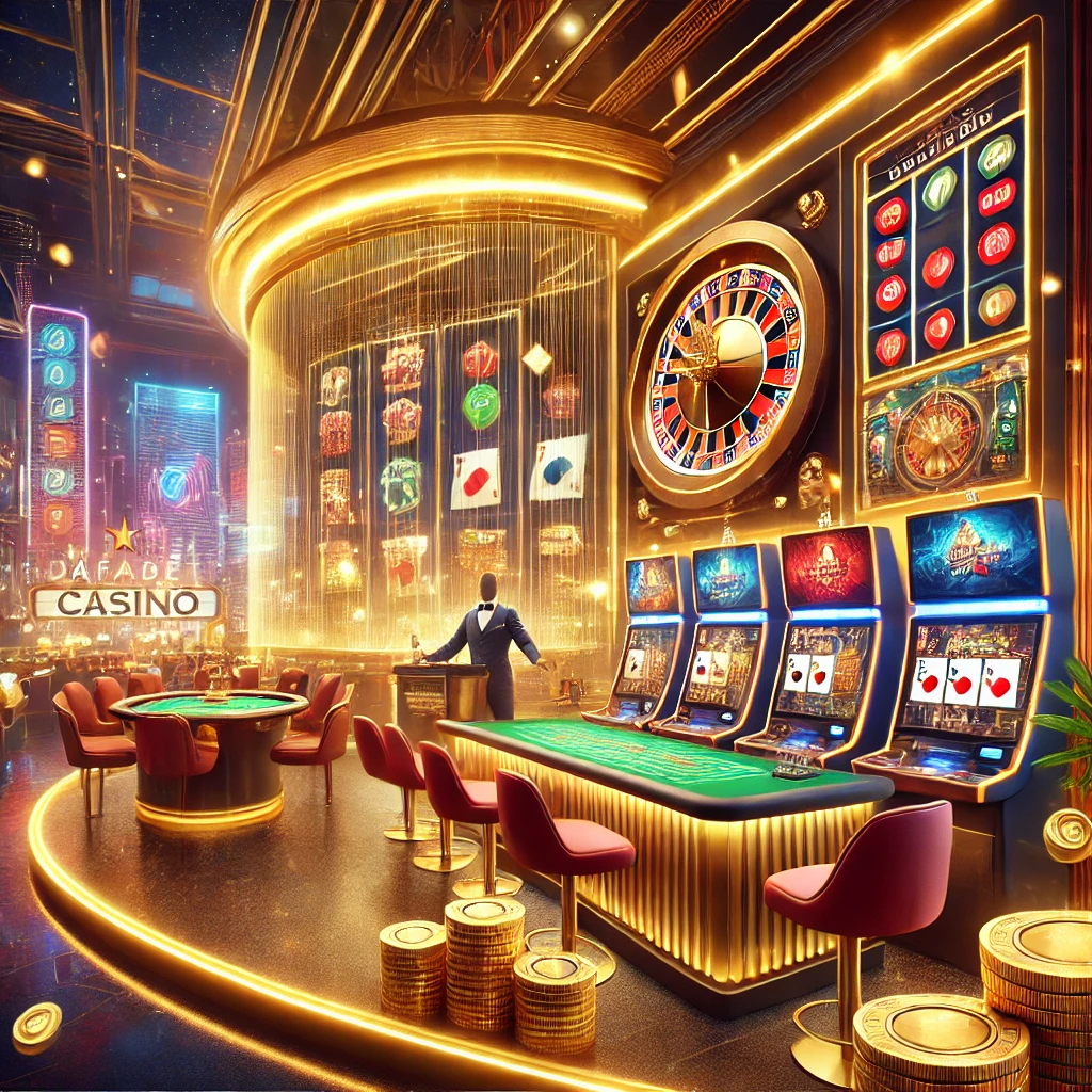 Vibrant online casino scene with slot machines, roulette, poker tables, and a live dealer, representing Dafabet Casino’s premium gaming experience.