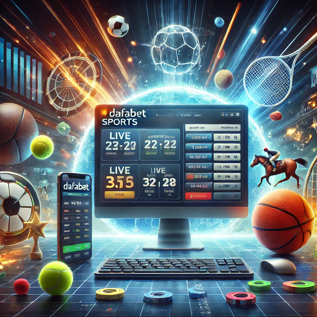 A digital illustration of Dafabet Sports' online betting platform, featuring a computer and mobile screen displaying live betting options with various sports elements like soccer, basketball, tennis, and horse racing.